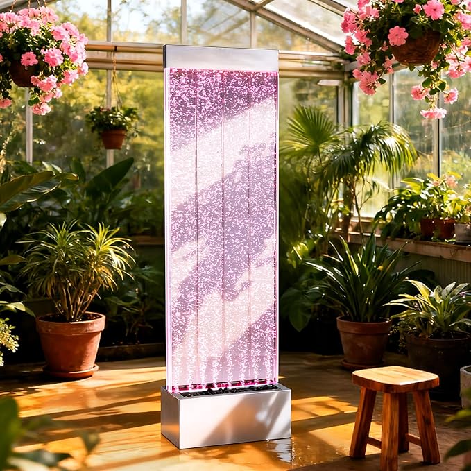 Bubble Wall Waterfall Fountain, Acrylic Indoor Floor Standing Water Wall with Changing LED Color Lights Remote Control, 64" x 19", Housewarming, Christmas Home Decor (Bubble Wall)