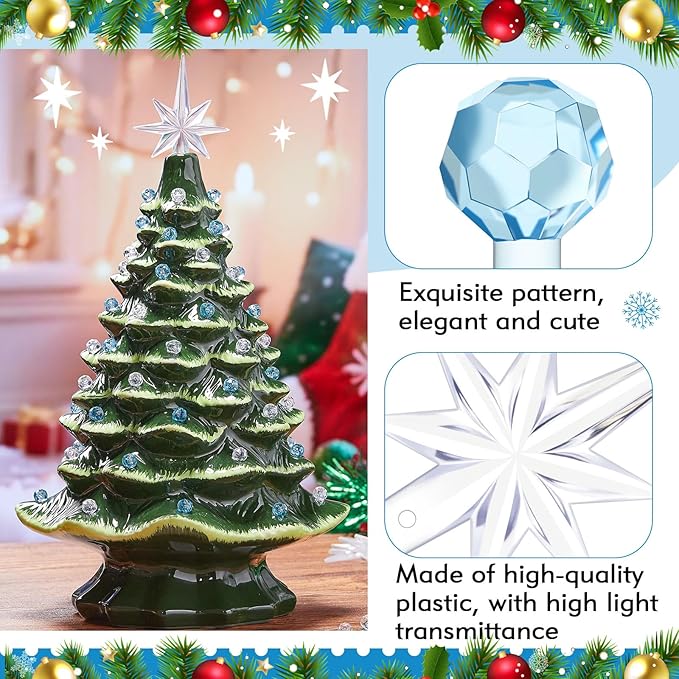 Boao 100 Pcs Ceramic Christmas Tree Bulbs with 5 Pcs Star Topper Light Ornaments Round and Heptagram Christmas Replacement Lights Bulbs for Village Xmas Tree Topper Decorations(Blue and Clear)