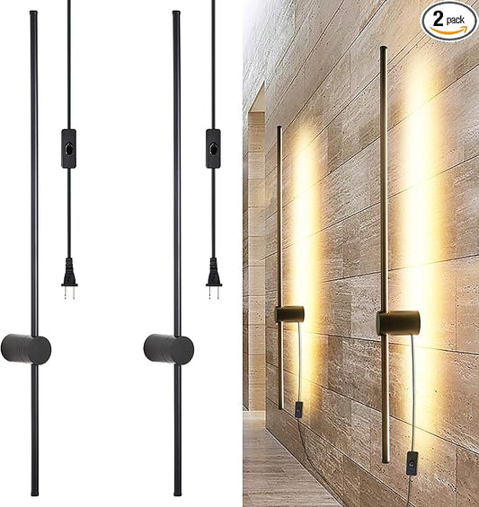 Modern Plug in Wall Sconce Set of 2 LED Black Wall Lights with Plug in Cord On/Off Switch 39 3/8 inches Warm White Wall Mounted Deco Lamp for Living Room Bedroom(2-Pack)