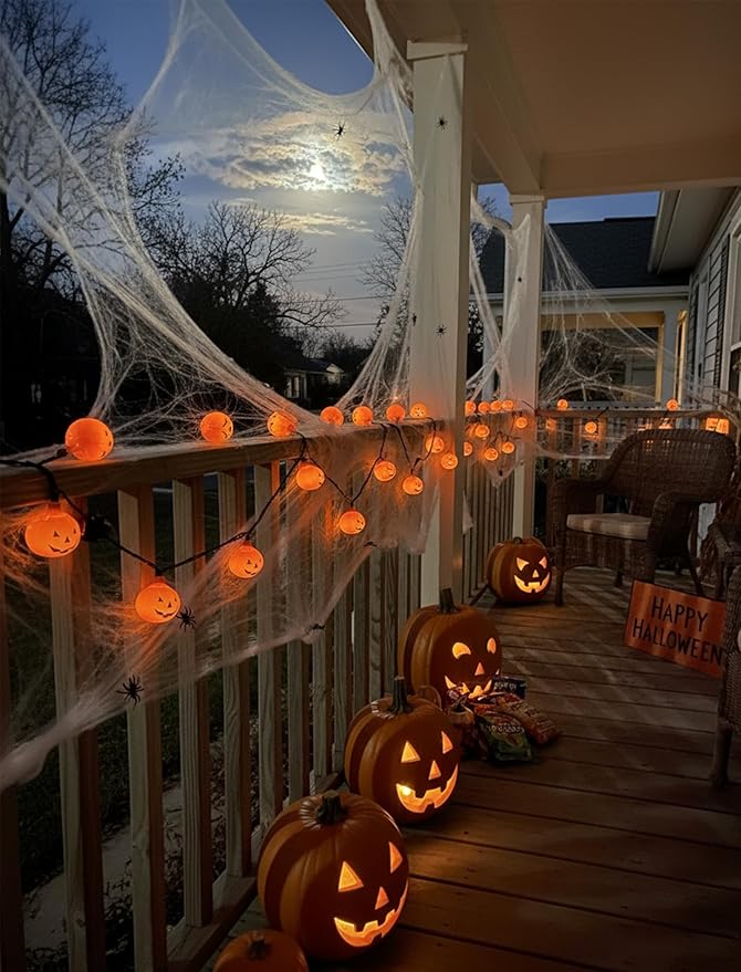 Halloween Outdoor Pumpkin Lights,10 LED Pumpkin String Light 8.5ft Waterproof Orange Jack-O-Lantern Lighted Pumpkins for Indoor Outdoor Home Bedroom Camper Decor Party Decorations