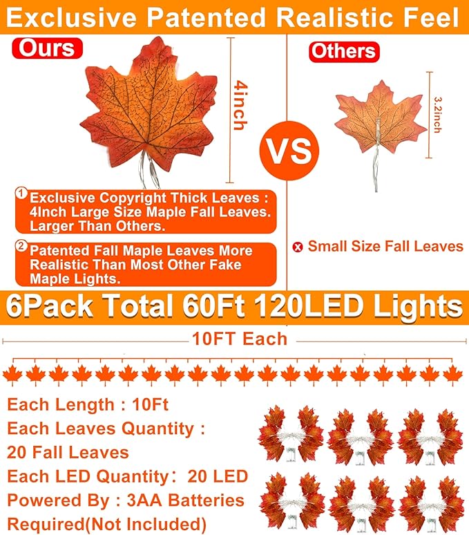 TURNMEON 6 Pack Fall Decor Enlarged Maples Leafed Garland, 60Ft 120LED Fall Decorations for Home Fall Lights, Battery Operated Waterproof Autumn Garland Halloween Thanksgiving Decor Indoor Outdoor