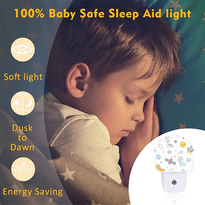 Cute Dino Astronauts Night Light, Cosmic Galaxy Dinosaurs Dusk to Dawn Night Light Plug in,0.5w Energy Saving Sleep Friendly NightLight for Kids Boys Girls Home Decor