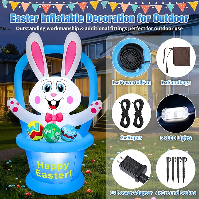 5 Ft Easter Inflatables Easter Decorations, Blow up Easter Decorations Outdoor with LED Lights Basket Light up Outdoor Easter Decor for Holiday Party Indoor Garden Lawn