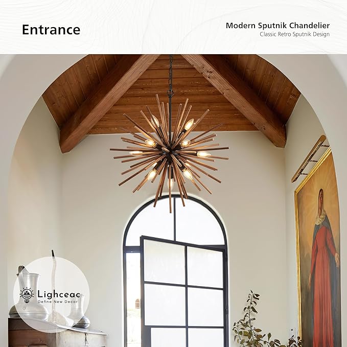 23.6" Farmhouse Sputnik Chandelier for Dining Room Rustic Handmade Natural Wood 12-Light Hanging Ceiling Pendant Light Fixture Starburst Wood Chandeliers for Kitchen Bedroom Foyer Hallway