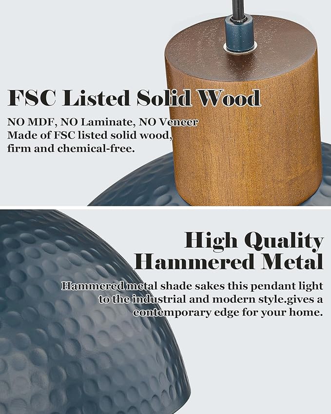 ELYONA Modern Hammered Pendant Light Fixtures with 12" Metal Shade Solid Wood Dome Hanging Pendant Light for Farmhouse Kitchen Island Dining Room Sink Bedroom Hallway Medium 2 Pack Blue