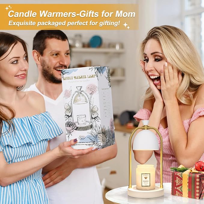 Hong-in White and Gold Candle Warmer Lamp with Timer-Electric Candle Warmer Lamp for Bedroom Decor, Dimmable Candle Light Warmer,Home Decor, Wax Warmer Lamp for Jar Candles with 2 Bulbs