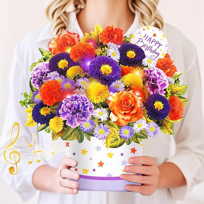 Birthday Cards, Happy Birthday Cards with Music & Lights, Daisy and Yellow Rose, 10 Inch Life Sized Forever Flower Bouquet Greeting Card Gifts for Wife Women Mom Grandma Sister