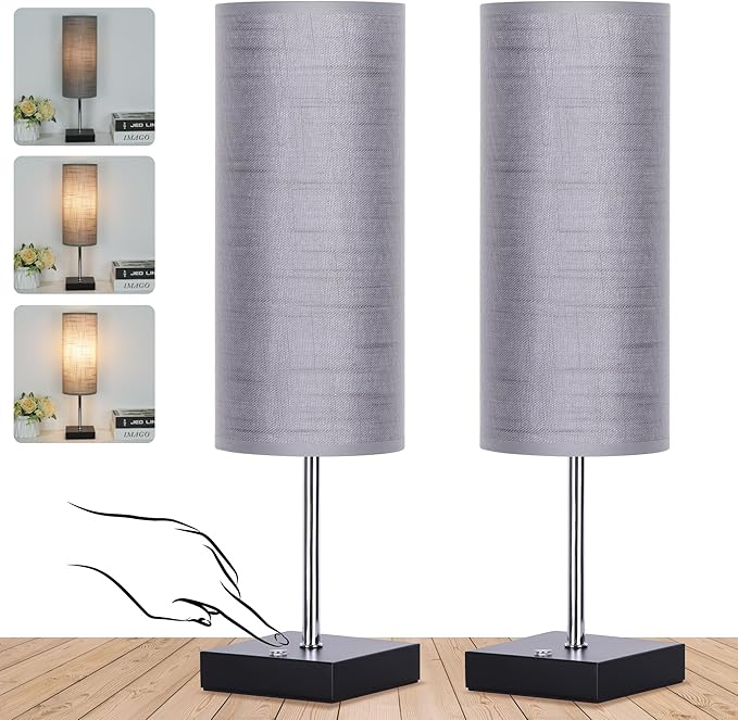 18Inch Cordless Lamp Table Lamps set of 2, 5000mAh Rechargeable Beside Table Lamp for Living Room, 2700K Battery Operated Small Bedroom Desk Lamp for Night Stand Grey Shade for Home（Bulb Included）