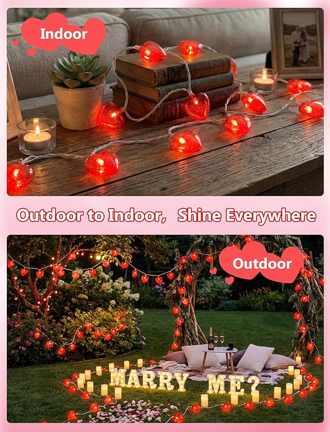 8.5Ft Valentines Day Lights,Heart Lights String with 10 Pack Shiny Glitter Red 3D Heart Lights,Plug in Valentine Light for Indoor Outdoor Valentine's Day Party Wedding Anniversary Decor