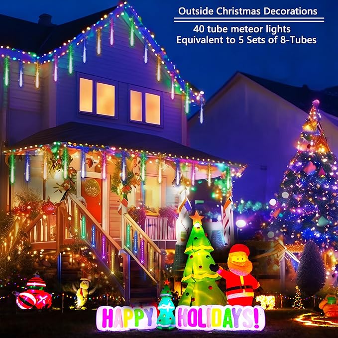 Meteor Shower Lights Outdoor: 40 Tube(Equivalent to 5 Sets of 8-Tubes) Christmas Lights - Waterproof Christmas Halloween Decorations for Yard Outside Tree Roof, Multicolor
