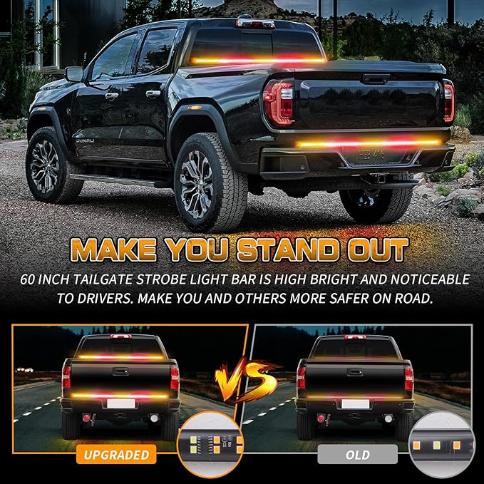 XRIDONSEN 60 inch Amber Red Truck Tailgate Strobe Lights Strip 360 LED Tail Light Bar Flashing Warning Hazard Safety Rear Emergency Lights for Tow Plow Trucks Construction Vehicles Pickup Trailer