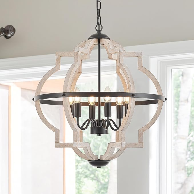 6-Light Farmhouse Wood Pendant Light,22.83'' Vintage Rustic Light White Wood Chandeliers,Retro Industrial Hanging Light Fixtures for Dining Room Entryway, Bedroom