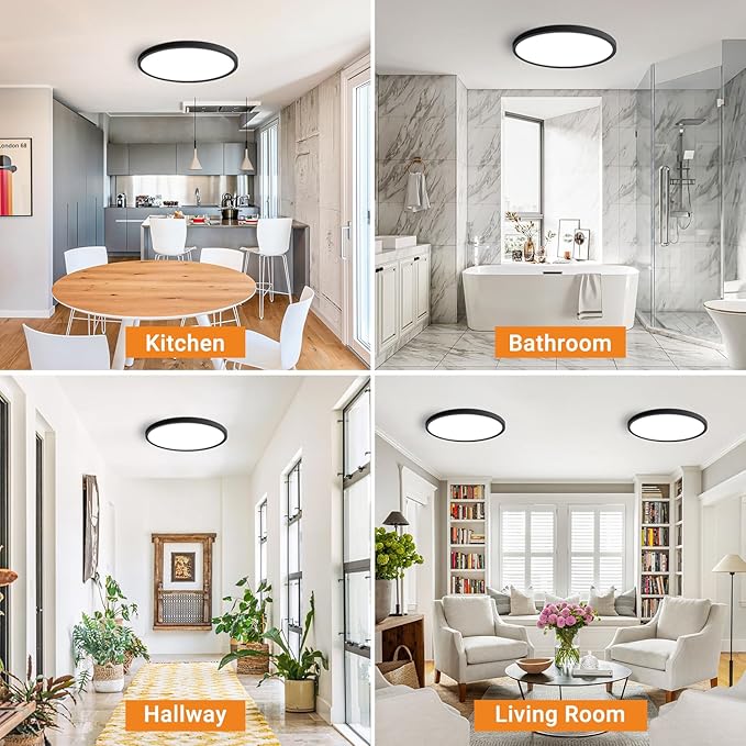 slochi 1Pack LED Flush Mount Ceiling Light Fixture, 12 Inch 24W, 3200LM, Super Slim 0.7 Inch, 3000K-6500K Adjustable Low Profile LED Ceiling Lights for Bedroom, Kitchen, Hallway(Black)