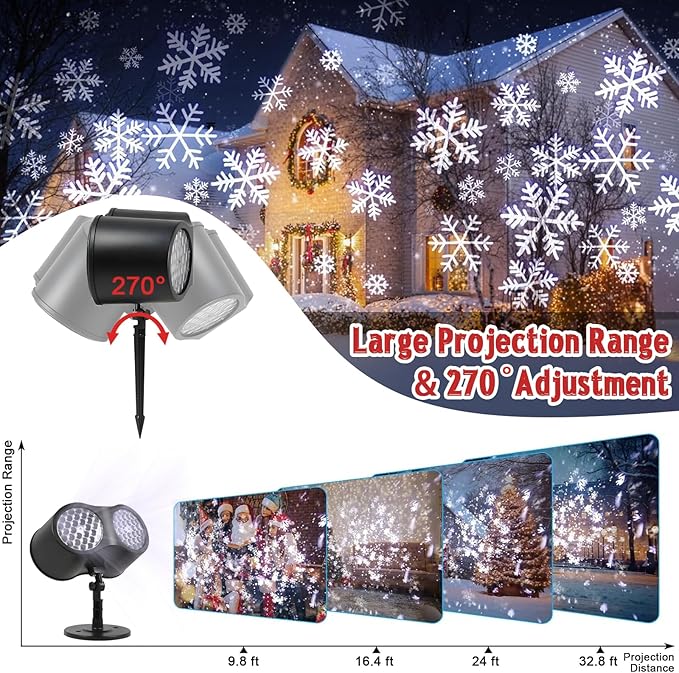 Christmas Snowflake Projector Lights Outdoor, Rotating Double Head Snowflake Light, Waterproof Snowfall LED Lights, Snow Lamp for Indoor Outdoor Christmas Party Garden Decorations (White Snow)