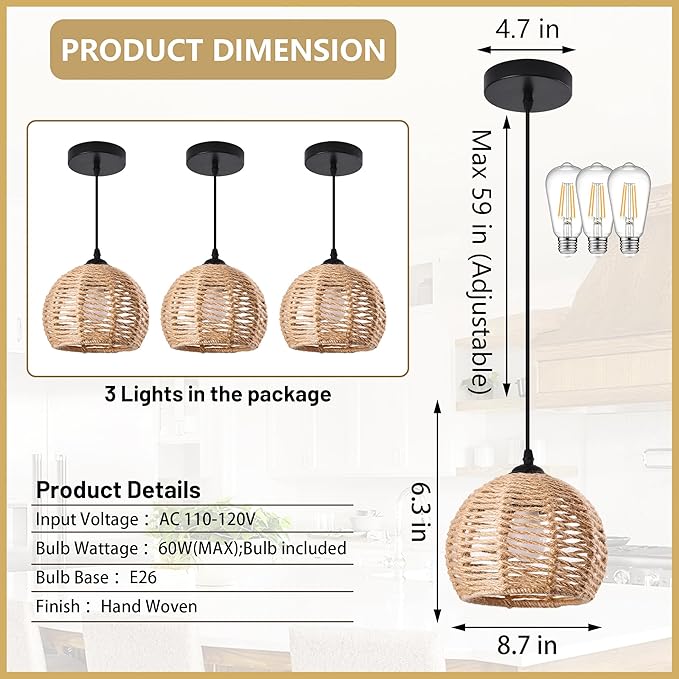 3 Pack Woven Pendant Light Boho Chandelier Dome Rustic Farmhouse Chandelier Hemp Rope Lights Rattan Light Fixture for Dining Room Living Room Bedroom Kitchen (Warm White Bulbs Incl.)