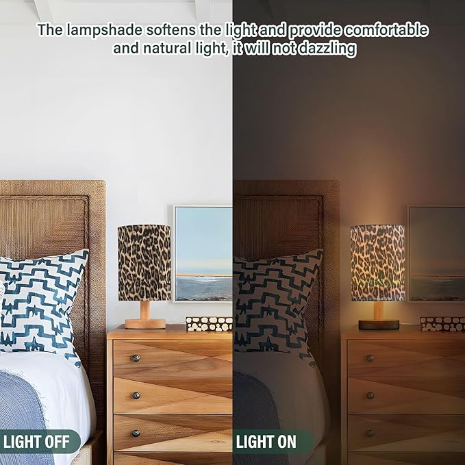 Bedside Table Lamp Leopard Print Nightstand Lamp with Wood Desk Lamps for Bedroom Living Room Nursery Office Home Decor