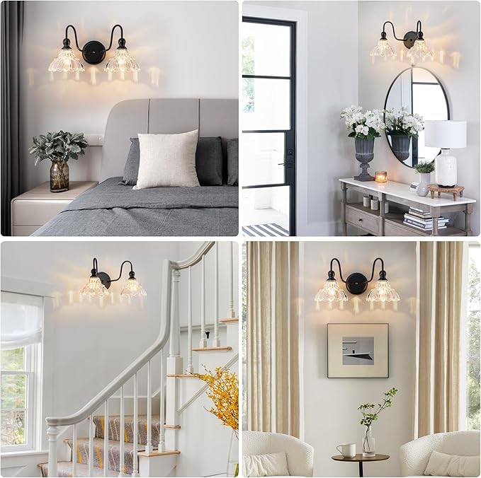 Vintage Bathroom Light Fixtures Over Mirror, 2-Light Black Wall Sconce Lighting with Flower Glass Shade, Farmhouse Vanity Lights for Bedroom Kitchen Living Room Hallway Light