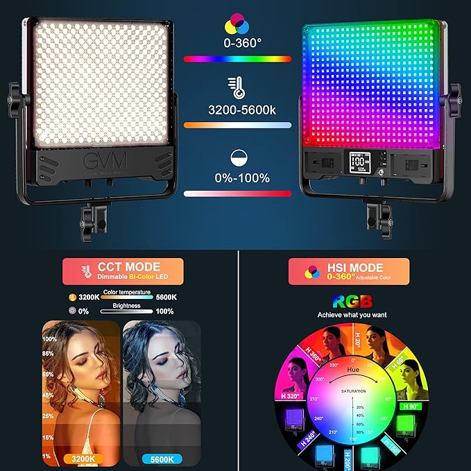 GVM 50SM Pro LED Video Light with Softboxes, RGB+Bi-Color Double Sided, Each Side 50W, Video Lighting Kit with Bluetooth Control, Led Panel Lights for YouTube, Studio, 3 Packs (GVM-50SM-3L)