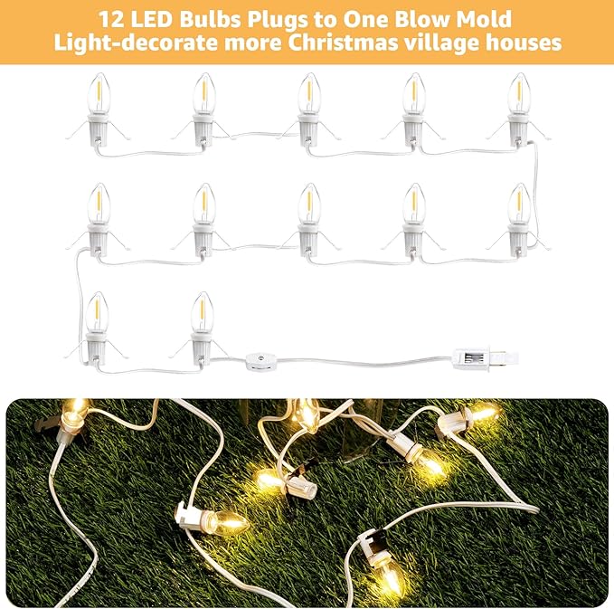 Christmas Village Lights with 12 Led Light Bulb,C7 Cord Clip Lights for Christmas Village Cottages,Pumpkins,Outdoor Atmosphere Decoration.for Blow molds