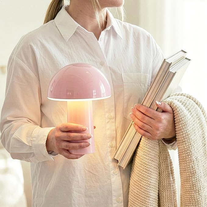 Brightech Celia Mood Lamp – 10" Touch-Controlled Mushroom Table Lamp, Cordless & Dimmable LED, Portable & Rechargeable Bedside Night Light, Sustainable Recycled Modern Patio Lamp for Home Décor – Pink