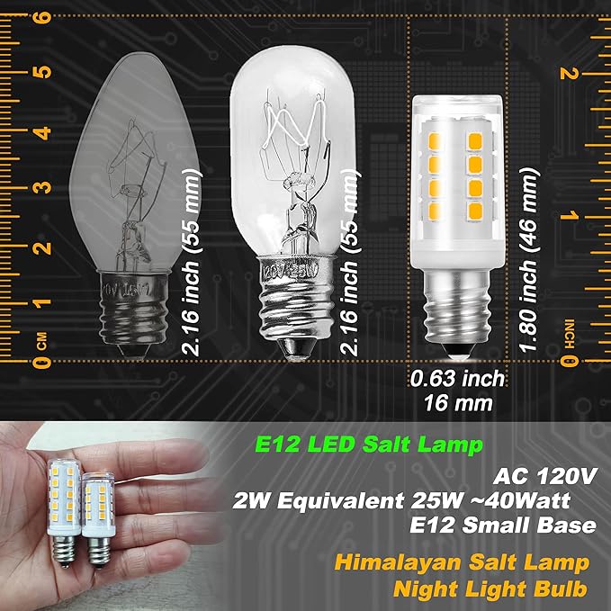 2W C7 E12 LED Salt Lamp Replacement Bulb 300lm Warm White 2700K 120V E12 Candelabra Base for 25W-40W Himalayan Salt Lamp Night Light Chandelier Christmas Lighting Dryer Refrigerators Bulb, 2 Pack