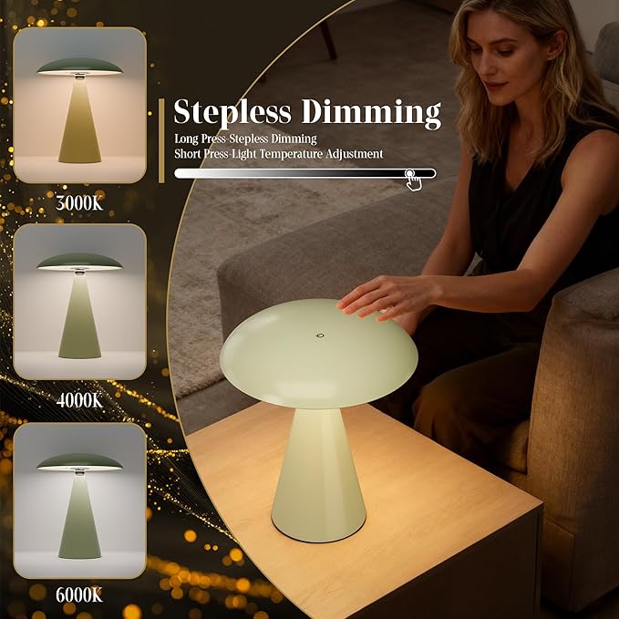 Mushroom Aesthetic Cute Lamp,Magnetic Mid Century Modern Lamp with 3-Mode Lighting for Unique Home Mushroom Decor,Cordless USB-C Rechargeable Lamps for Bedside/Dorm/Office Decor(Avocado Green)