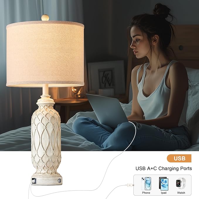 Farmhouse Lamps for Living Room Set of 2, 28" Table Lamps for Bedroom with USB A+C Charging Ports, Touch Lamps for Nightstand, 2 Bulbs Included