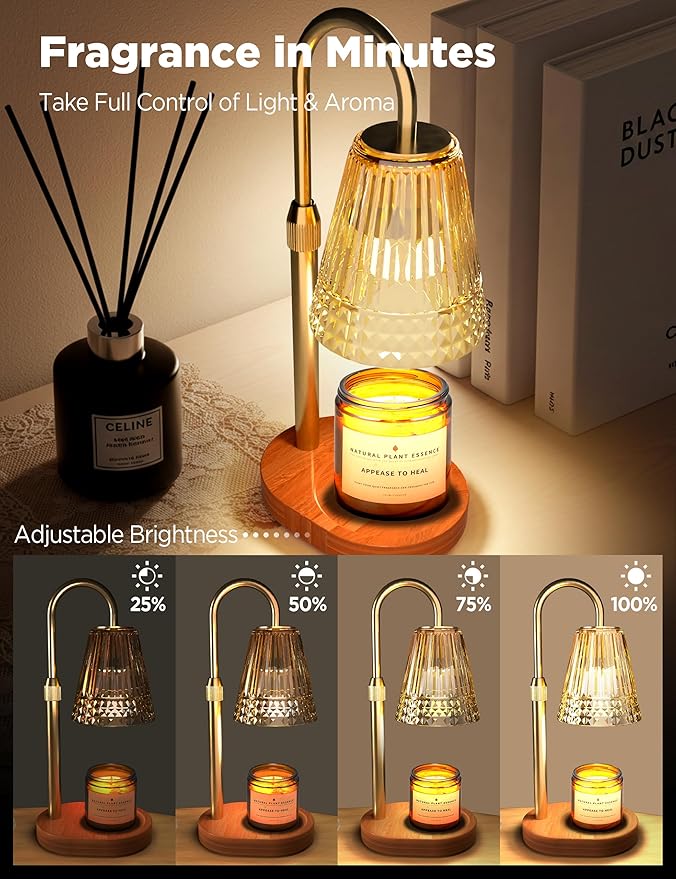 TATAANTY Candle Warmer Lamp with Timer Dimmable, Height-Adjustable Candle Warmer with 2 Bulbs, Gifts for Women, Golden Shade, Wood Base