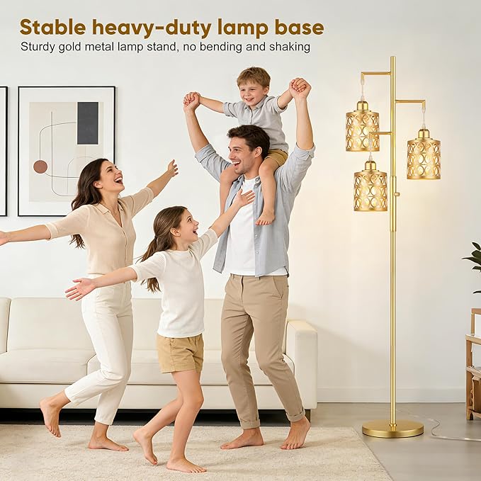 QiMH Gold Industrial Floor Lamps for Living Room, Modern Standing Lamp with Stepless Dimmable, 68" Tall Lamps for Bedroom Home Office, 3 LED Bulbs Included