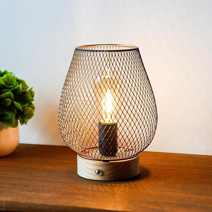 JHY DESIGN Dimmable Touch Bedside Table Lamp Metal Rechargeable Battery Powered Lamp with LED Bulb for Weddings Parties Patio Events for Indoors Outdoors(Bronze Egg, Wooden Base)