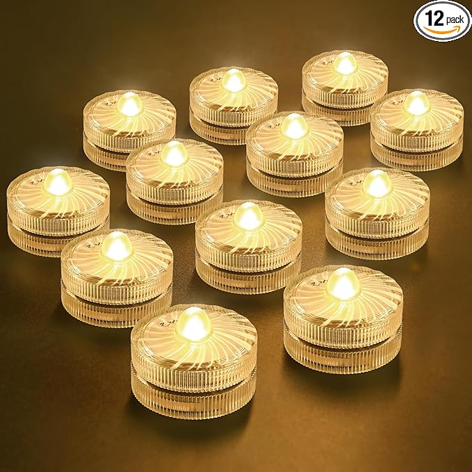 HL Submersible LED Light,Warm White Small LED Light,100 Hours Waterproof Flameless Led Lights Battery Powered for Wedding Home Vase Festival Party Decoration 12pcs (Built-in 24 Batteries)