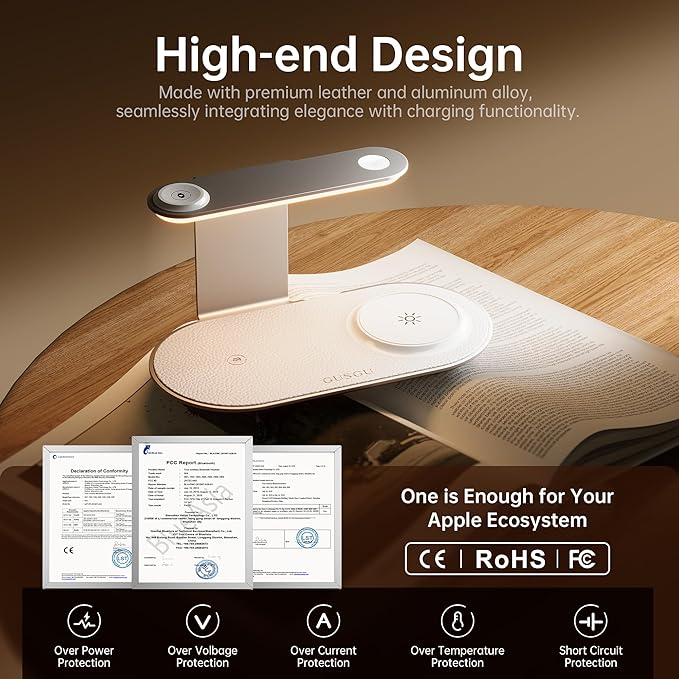 GUSGU 3 in 1 Charging Station for MagSafe Wireless Charger with Three-Level Night Light, 15W Max Fast Charging for iPhone 17/16/15/14/13/, Apple Watch Series 2-11/SE 3/ Ultra 3, AirPods Pro 3-Gray