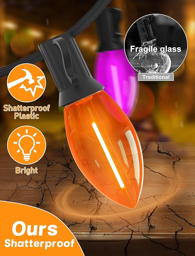 SUNSGNE C9 LED Halloween Lights Outdoor, 25ft Outdoor Christmas Lights with 26 Clear Orange and Purple Bulbs(1 Spare) for Halloween Christmas Roofline Patio Decorations, Black Wire