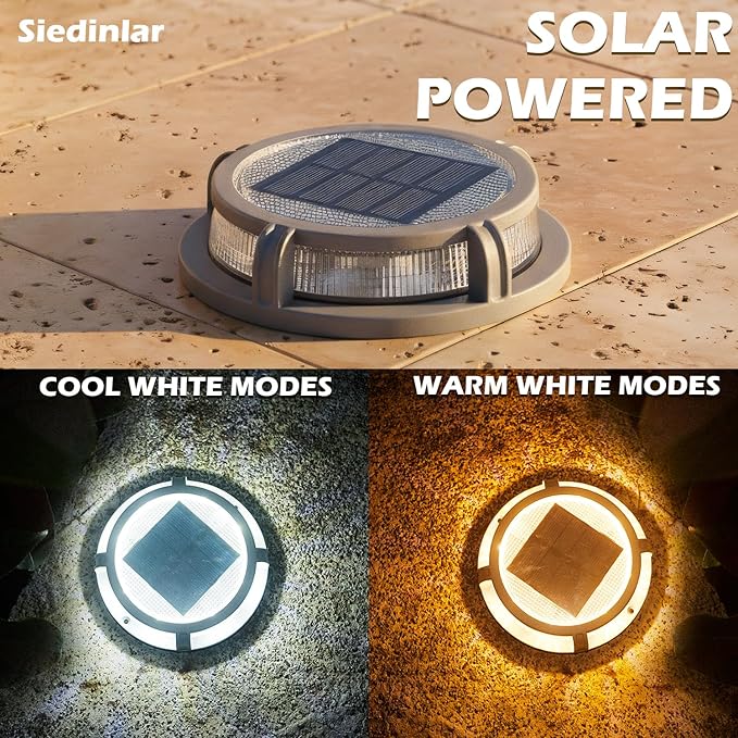 SIEDiNLAR Solar Deck Lights Outdoor 2 Modes 16 LEDs Driveway Markers Dock Light Solar Powered Waterproof for Ground Step Pathway Walkway Stair Garden Road Yard 4 Pack (Cool White/Warm White)
