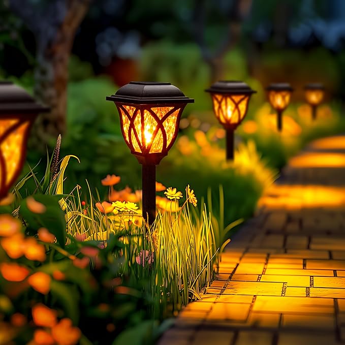 GIGALUMI 6 Pack Solar Lights Outdoor Waterproof, Flickering Flame LED Lights, Garden Decor for Yard, Patio, Landscape, Planter, Walkway, Transparent Cover