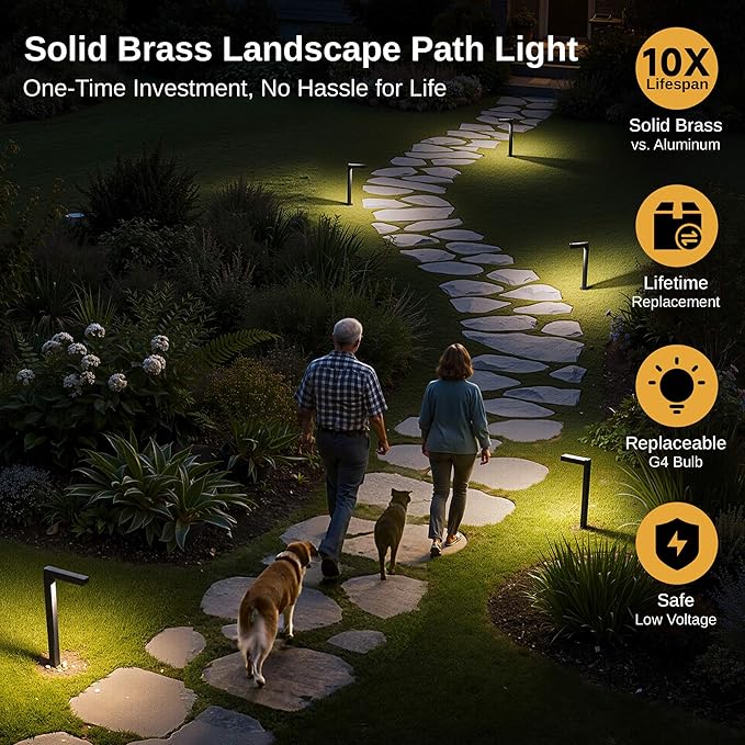 Gardenreet Brass Black Low Voltage Pathway Lights, Waterproof Outdoor Landscape Path Lights, 12V LED Wired Bronze L Shape Garden Lights for Yard Walkway House with 3W 270LM 5000K G4 Bulb 6 Pack