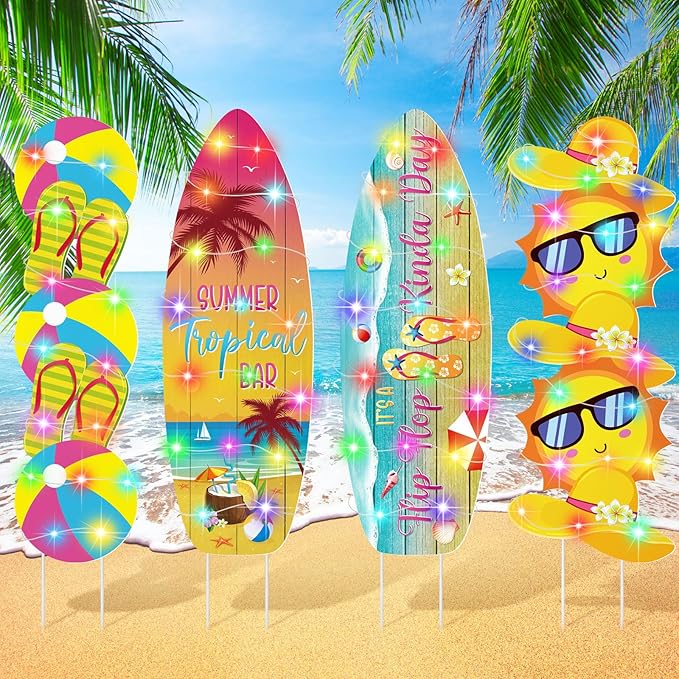 Bencailor 4 Pcs Summer Outdoor Yard Decoration Summer Beach Pool Yard Signs with Stakes LED Hawaiian Themed Party Supplies Beach Ball Surfboard Slipper Decor for Outdoor Lawn Garden Patio