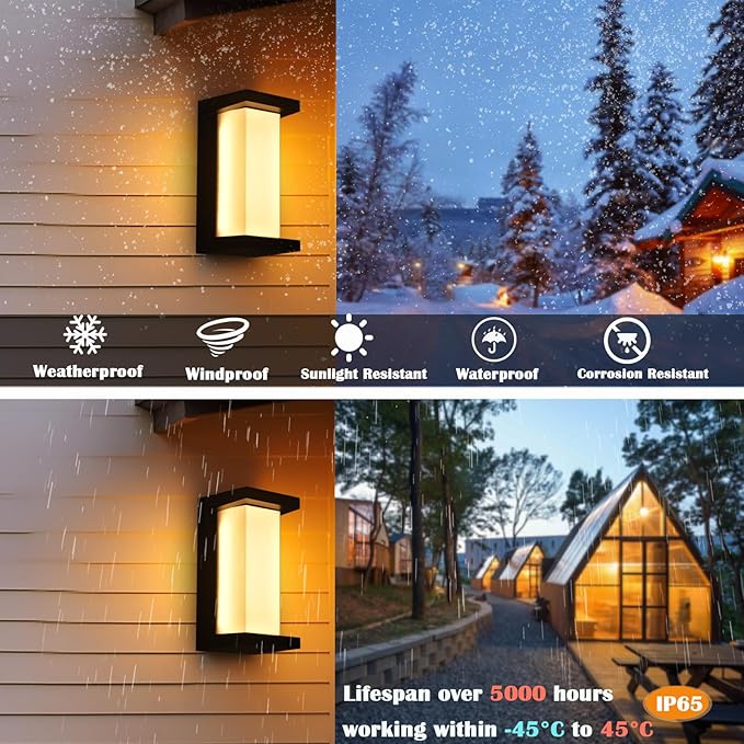 Black Exterior Lighting Fixtures, Rectangular Modern Front Porch Light Fixtures, 12W Outdoor Wall Light Fixtures Wall Mount, IP65 Waterproof Outdoor Wall Sconce 3-Color-Changeable