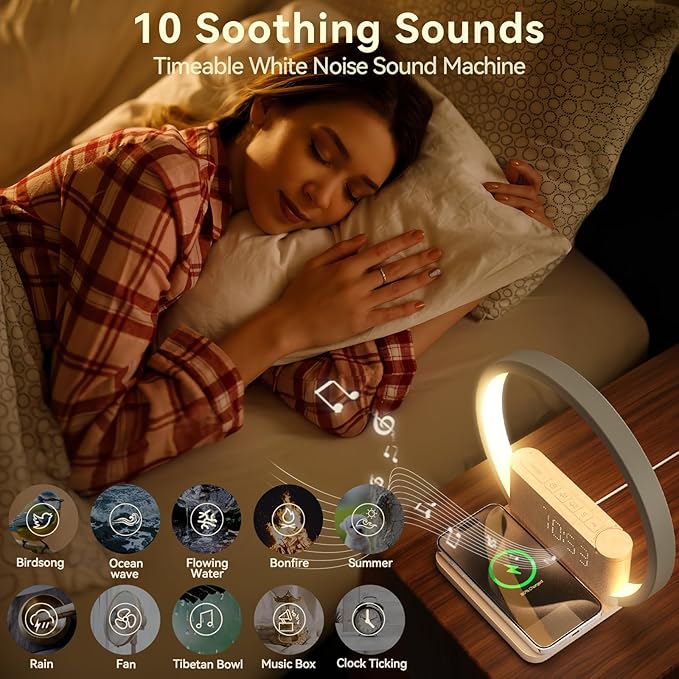 Vivilumens Sunrise Alarm Clock Wireless Charger, 10 White Noise Sound Machine Alarm Clock with 30/60/90 Mins Timer, 3 Levels Touch Night Light Dual Clocks for Heavy Sleeper Bedroom Decor Gifts for Her