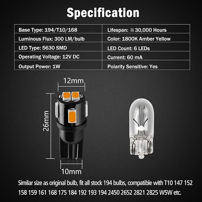 194 LED Bulbs Extremely Bright Amber Yellow 5630 Chipsets 168 2825 175 T10 W5W LED Replacement Bulbs for Car Interior Map Dome Door Courtesy License Plate Lights(Pack of 10)