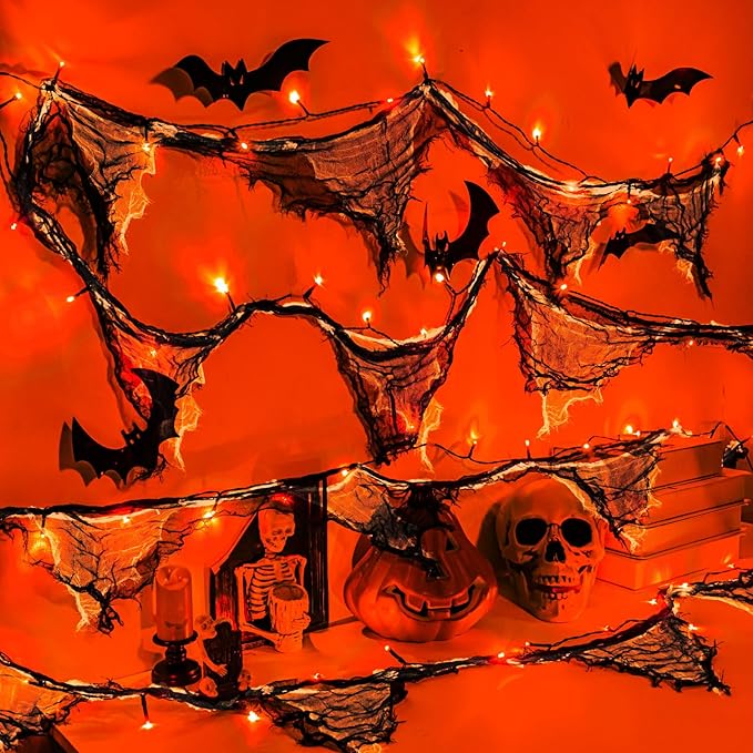 Halloween Lights Battery Operated or USB, Creepy Cloth String Lights with Timer Waterproof 9.8ft 30LED Orange String Lights Halloween Decortions for Fireplace Window Door Mirror