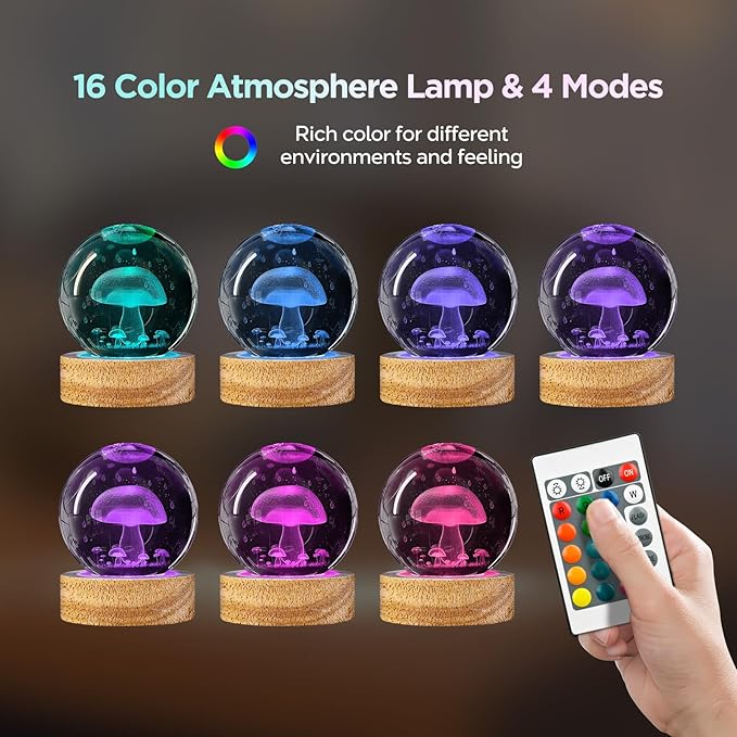 3D Crystal Ball Night Light with 16 Colors, 60mm Glass Ball Lamp with Remote - Unique Mushroom Room Table Decor, Birthday Christmas Gifts for Kids Teens Women
