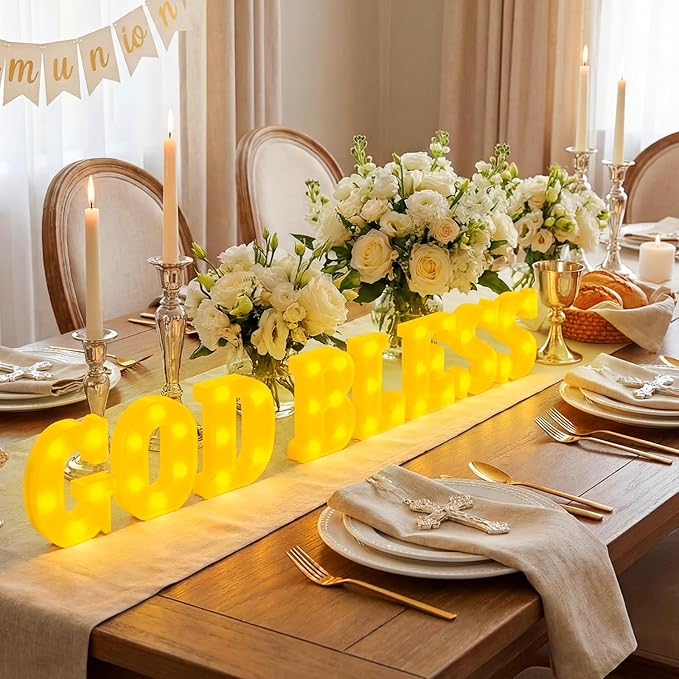 8 Pcs God Bless LED Letter Lights Sign God Bless Baptism Decorations Battery Powered Primera Comunion First Holy Communion Decorations for Baptism Party