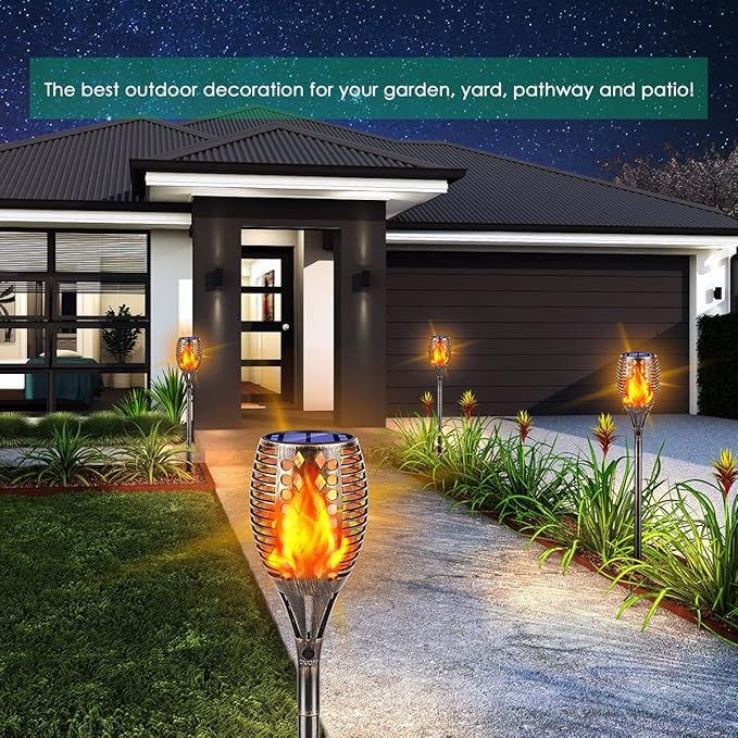 TomCare Solar Lights Upgraded, 43" Higher & Larger Waterproof Flickering Flames 96 LED Torches Outdoor Solar Landscape Decoration Lighting Auto On/Off Pathway Lights for Garden Patio,Bronze (4)