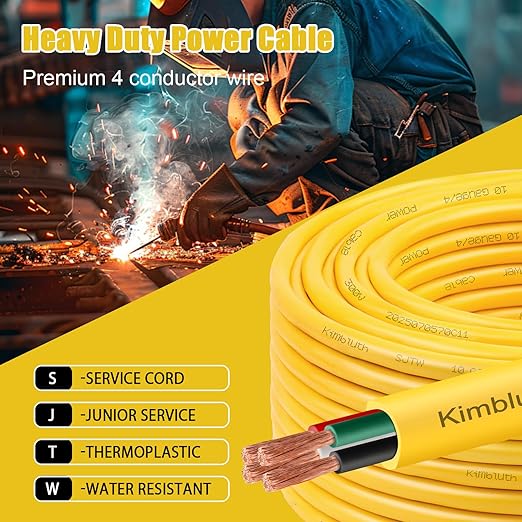 SJTW 10/4 Wire 100FT Heavy Duty Copper Wire, 10 Gauge 4 Conductor Outdoor Extension Power Cable for Battery, Automotive， Motor, Industrial