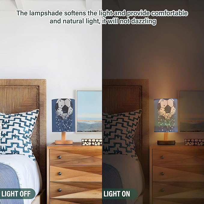 Table Lamp Sparkling Soccer Ball American Football Sport Design Nightstand Lamp with Wood Base Fabric Lamp Shade Bedside Desk Lamp for Living Room Bedroom Kids Room Office
