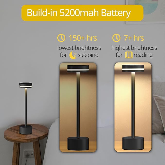 Portable Rechargeable Bedside Lamp, Touch Stepless Dimmable, Cordless Table Lamp for Home, Bedroom, Hotel, Restaurant, Bar, Outdoor, 1 Pack (Black)