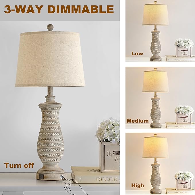 Farmhouse Table Lamps for Living Room Set of 2, Touch Lamps for Nightstand with Dual USB Charging Port, Bedside Table Lamp for Bedroom, 2 Bulb Included