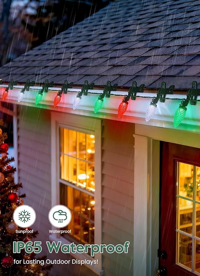 C9 LED Christmas Lights Outdoor, 99 Feet 150 LED C9 String Light with 150 Spring Clips, Waterproof Connectable Christmas Tree Lights for Outside Roofline Patio Home Xmas Decor, Red Green Pure White