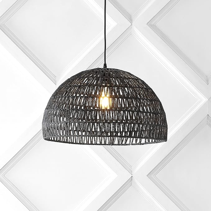 JONATHAN Y 20" Black Modern Bohemian Woven Rope LED Pendant Light Fixture, Adjustable Dome Ceiling Lamp for Kitchen Island, Rope Shade, Coastal Farmhouse Decor (JYL6504C)